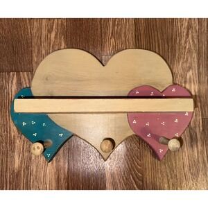 Vintage Rustic Wooden Triple Heart Wall Shelf with 3 Pegs Teal Rose Cream 12.5"